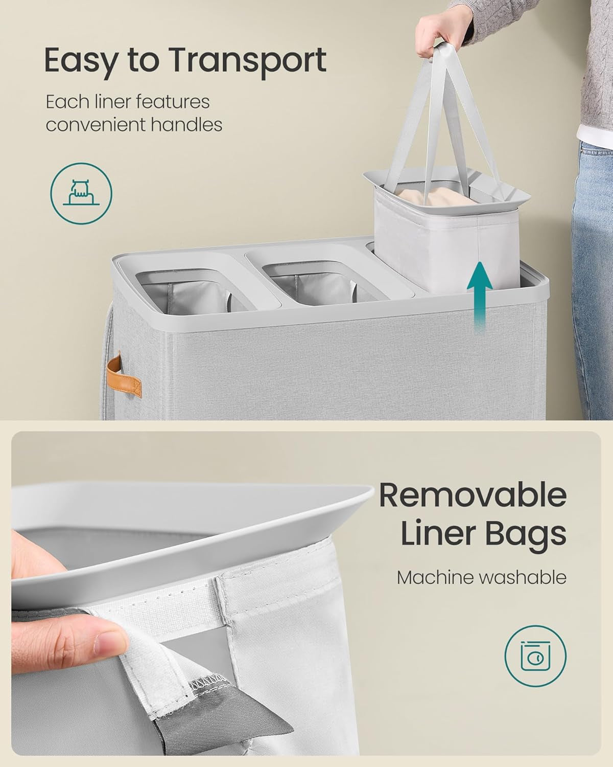 Laundry Basket, 50.2 Gal. Laundry Hamper, 3 Compartments, Easy Assembly, with Lid and Handles, Removable Liners, 25.2 X 15.7 X 29.5 Inches, Dove Gray ULCB814GD01