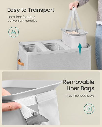 Laundry Basket, 50.2 Gal. Laundry Hamper, 3 Compartments, Easy Assembly, with Lid and Handles, Removable Liners, 25.2 X 15.7 X 29.5 Inches, Dove Gray ULCB814GD01