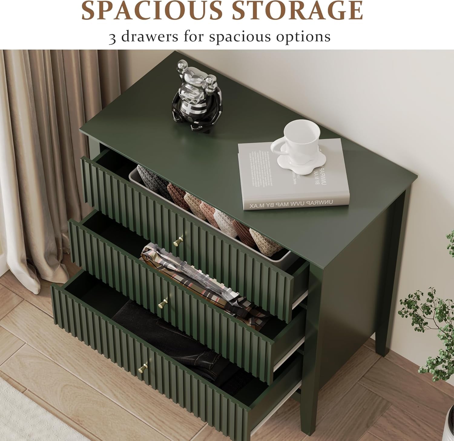 Dark Green Fluted 3 Drawer Dresser, 32 Inch Wide Dresser Nightstand for Bedroom, Modern Wood Chest of Drawers, Large Painted Nightstand with 3 Drawers for Closet, Hallway, Entryway