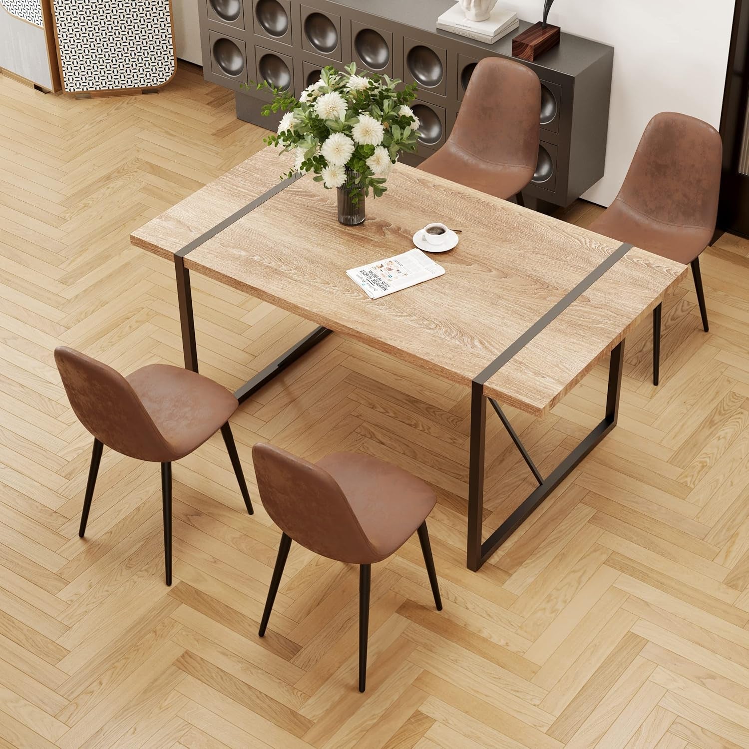 Dining Table Set for 4, Modern 55'' Wood Dinette Table Set for 4 with Fabric Dining Chairs,Table and Chairs Set of 4,Ideal for Kitchen Dining Room