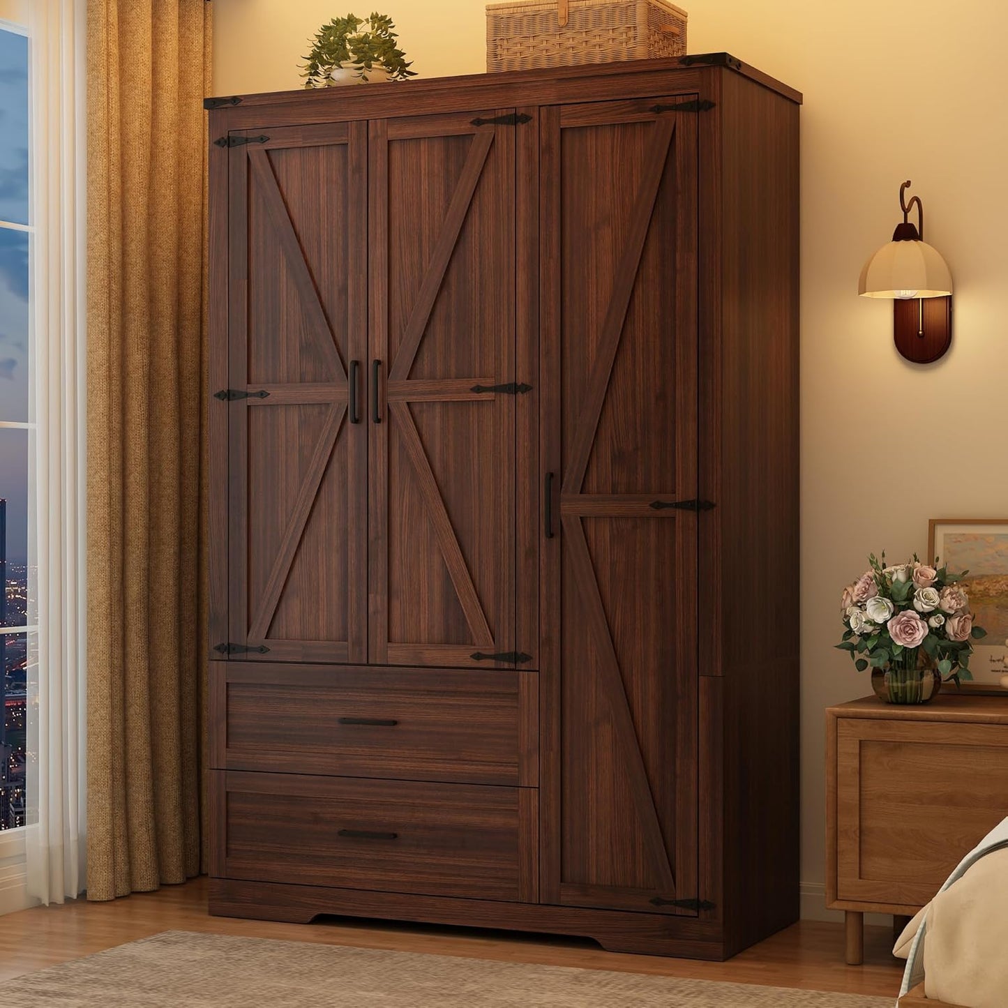 Farmhouse Wardrobe Armoire Closet with 3 Doors and 2 Drawers, 70.1" Wooden Clothing Storage Cabinet, Freestanding Large Capacity Storage Wardrobe Armoire with Hanging Rod for Bedroom, Brown