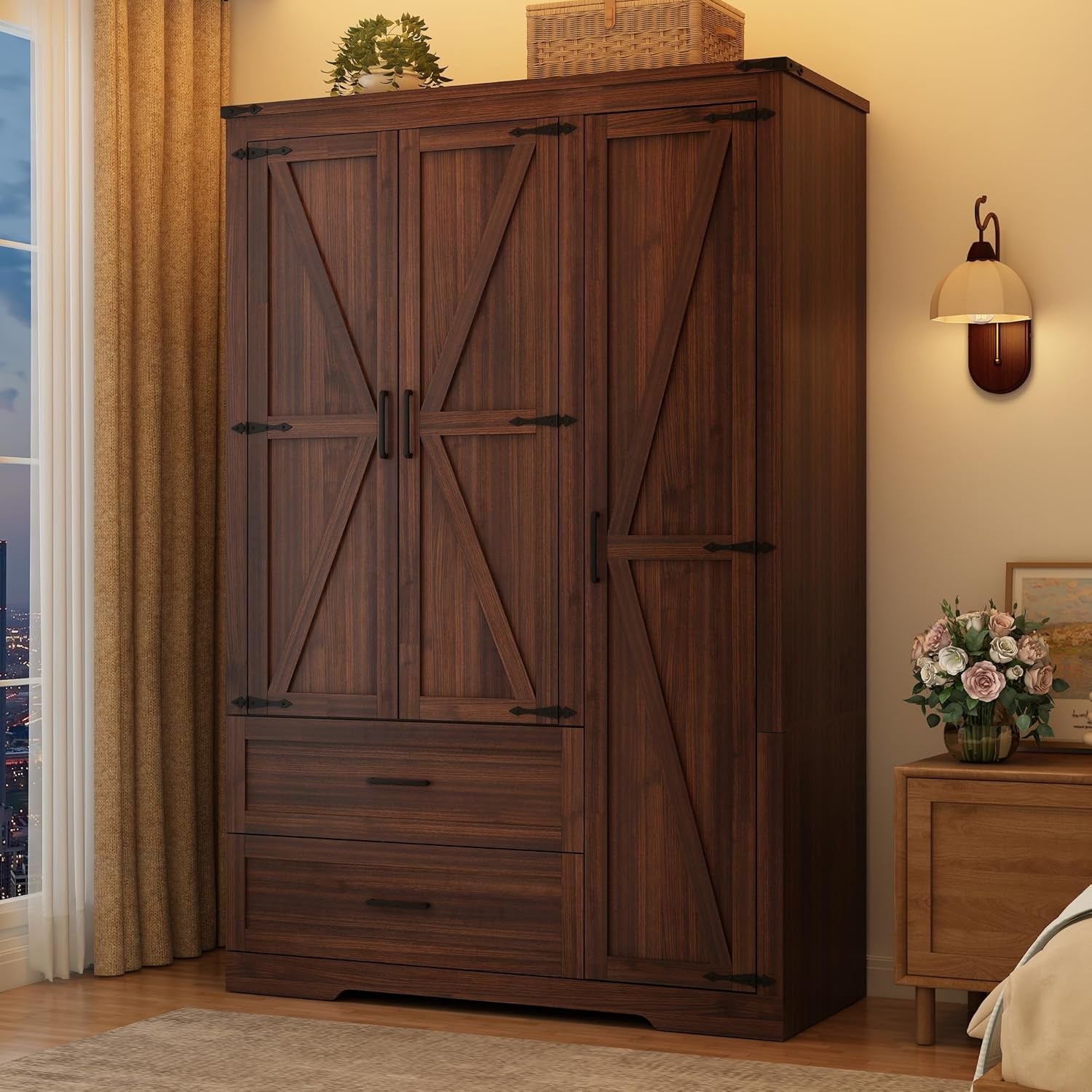 Farmhouse Wardrobe Armoire Closet with 3 Doors and 2 Drawers, 70.1" Wooden Clothing Storage Cabinet, Freestanding Large Capacity Storage Wardrobe Armoire with Hanging Rod for Bedroom, Brown