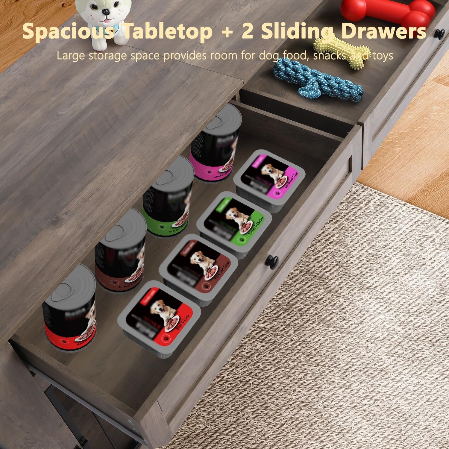 Large Dog Crate Furniture-Decorative Heavy Duty Dog Cage Indoor, Wooden Dog Cage End Table with Charging Station, Dog House with 2 Drawers (White, 70.86''L)