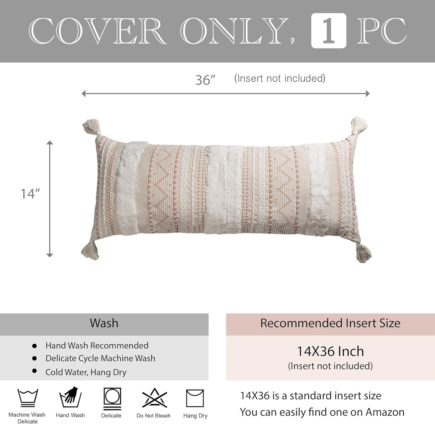 Cream Decorative Lumbar Throw Pillow Cover 14X36 Boho Long Cushion for Bed Neutral Accent Farmhouse Pillowcase for Bedroom Living Room Couch Sofa Home Décor (Cover ONLY, Pack of 1)
