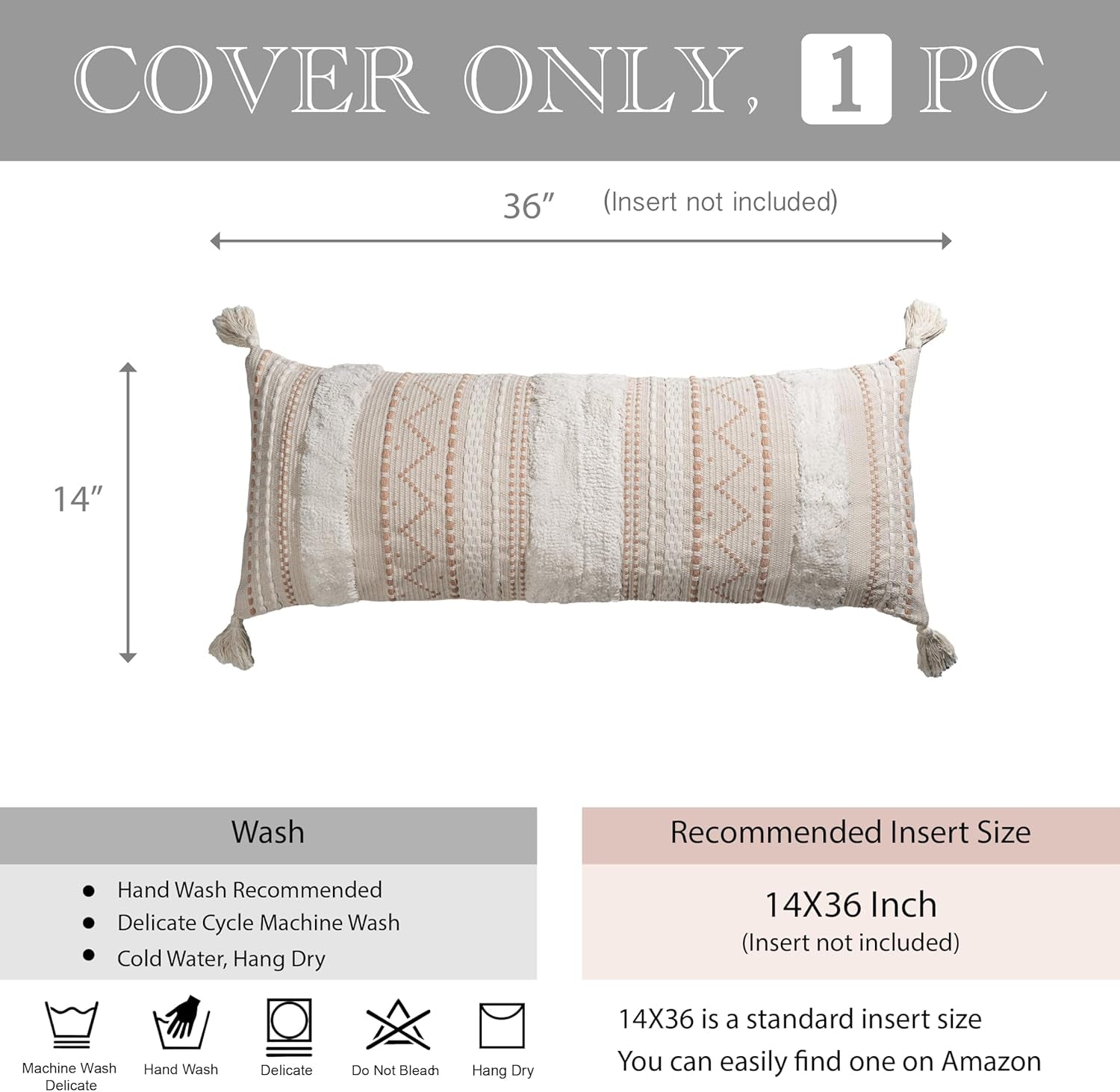 Cream Decorative Lumbar Throw Pillow Cover 14X36 Boho Long Cushion for Bed Neutral Accent Farmhouse Pillowcase for Bedroom Living Room Couch Sofa Home Décor (Cover ONLY, Pack of 1)