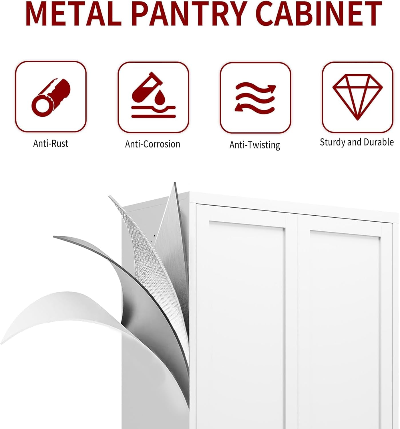 Kitchen Pantry Cabinet,61" White Pantry Storage Cabinet with 4 Tier Adjustable Shelves and 2 Doors,Freestanding Cupboard,Metal Pantry Cabinets with Handle for Living Room Kitchen Assembly Required