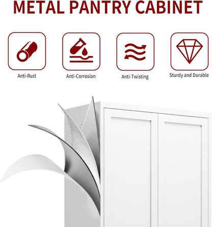 Kitchen Pantry Cabinet,61" White Pantry Storage Cabinet with 4 Tier Adjustable Shelves and 2 Doors,Freestanding Cupboard,Metal Pantry Cabinets with Handle for Living Room Kitchen Assembly Required