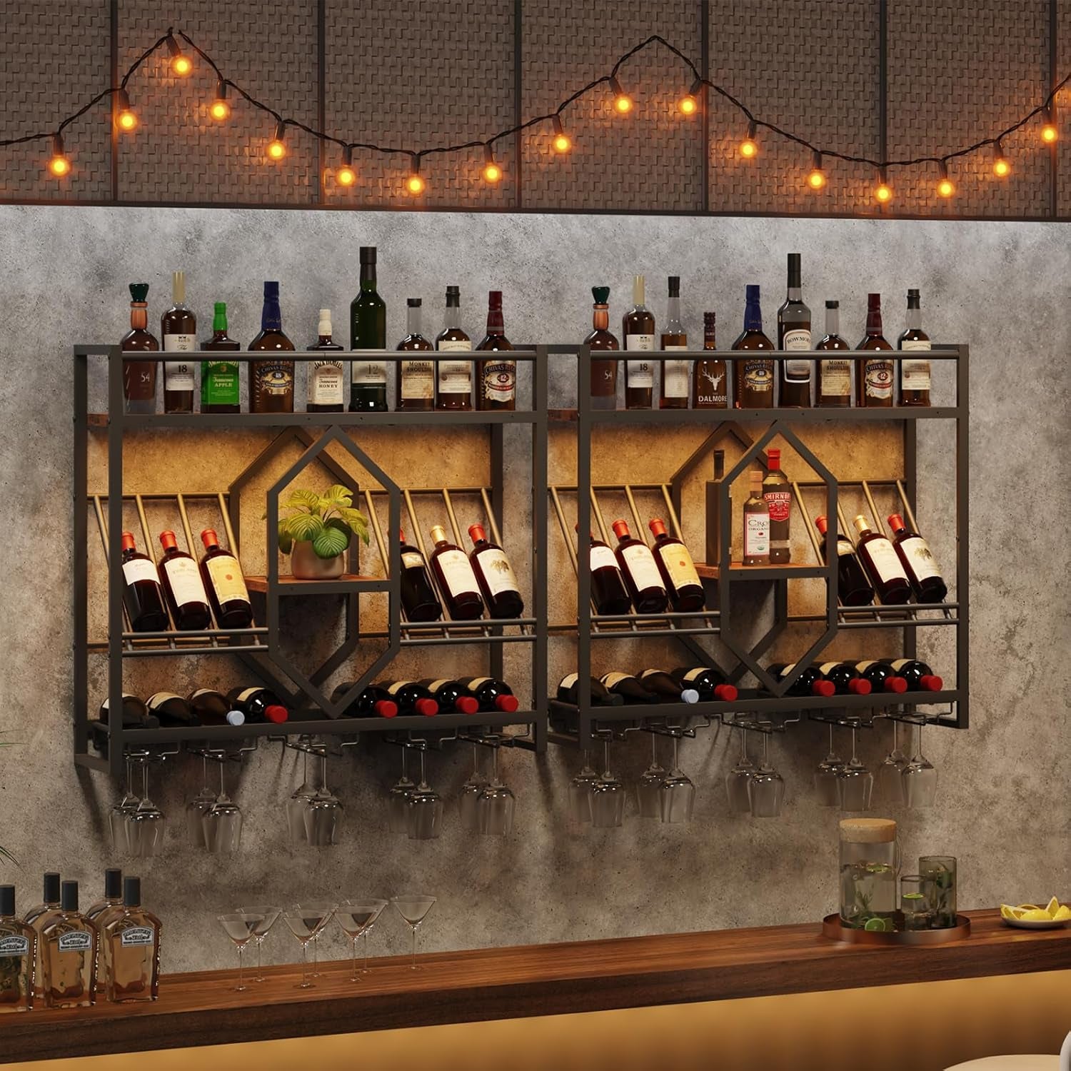 Wall Mounted Wine Rack with LED Light, 31.5" Wine Shelf, 3 Tier Wine Bottle Display Shelf with Glass Holder, Hanging Bar Liquor Storage Rack, for Kitchen, Bar, Rustic Brown and Black BF73DBJ01