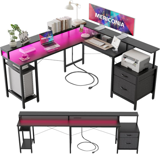 Modern L-Shaped Computer Desk with Storage Shelves & Drawer, 66" Corner Home Office Desk, Large Gaming Desk with RGB Lights & Power Outlets, Workstation for Gaming & Work, Modern Black