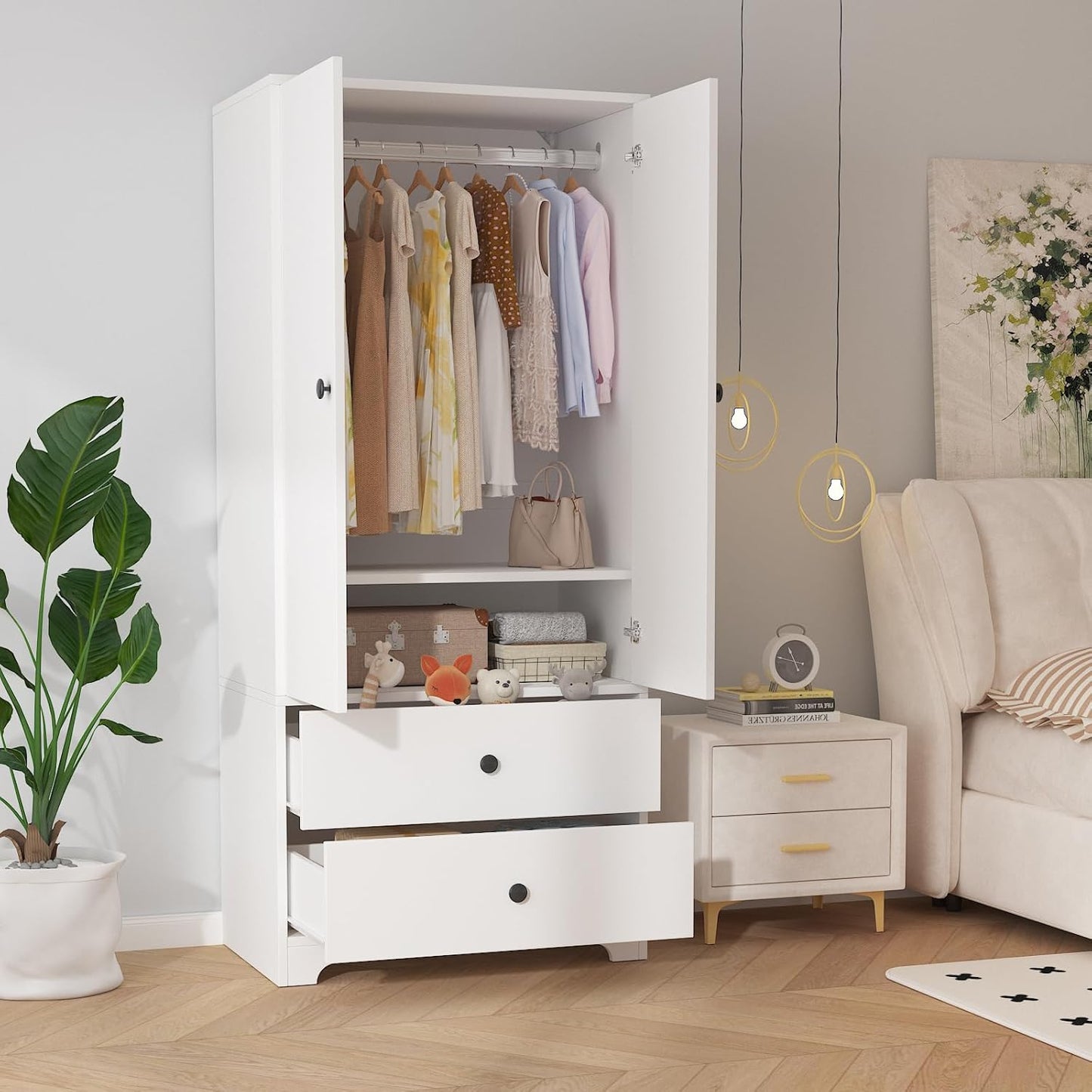 71" Armoire Wardrobe Closet, Modern Wooden Bedroom Armoire with 2 Drawers & 2 Doors and Adjustable Shelves，Clothing Storage Cabinet with Aluminum Hanging Rod, Locker