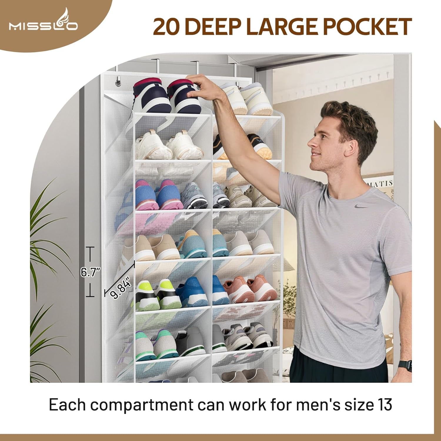 30 Pairs over the Door Shoe Organizer Breathable Mesh Hanging Shoe Rack for Closet Storage with Wide Deep Pockets 10 Tier Shoes Holder Fit All the Family'S Sneakers, Boots, Heels, White