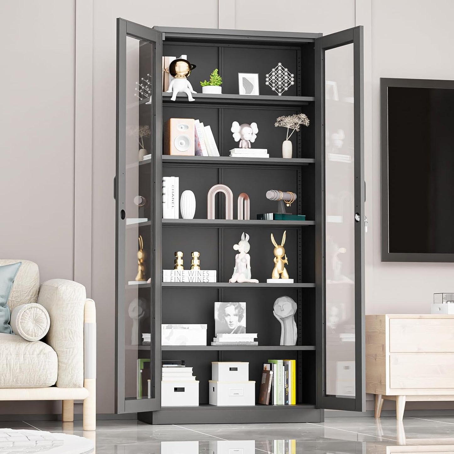 Lockable Display Cabinet with Glass Doors & 5 Adjustable Shelves, 71" Tall Black Metal Storage Cabinet Curio Liquor, Bookshelf Bookcase for Home Office Living Room Pantry Garage