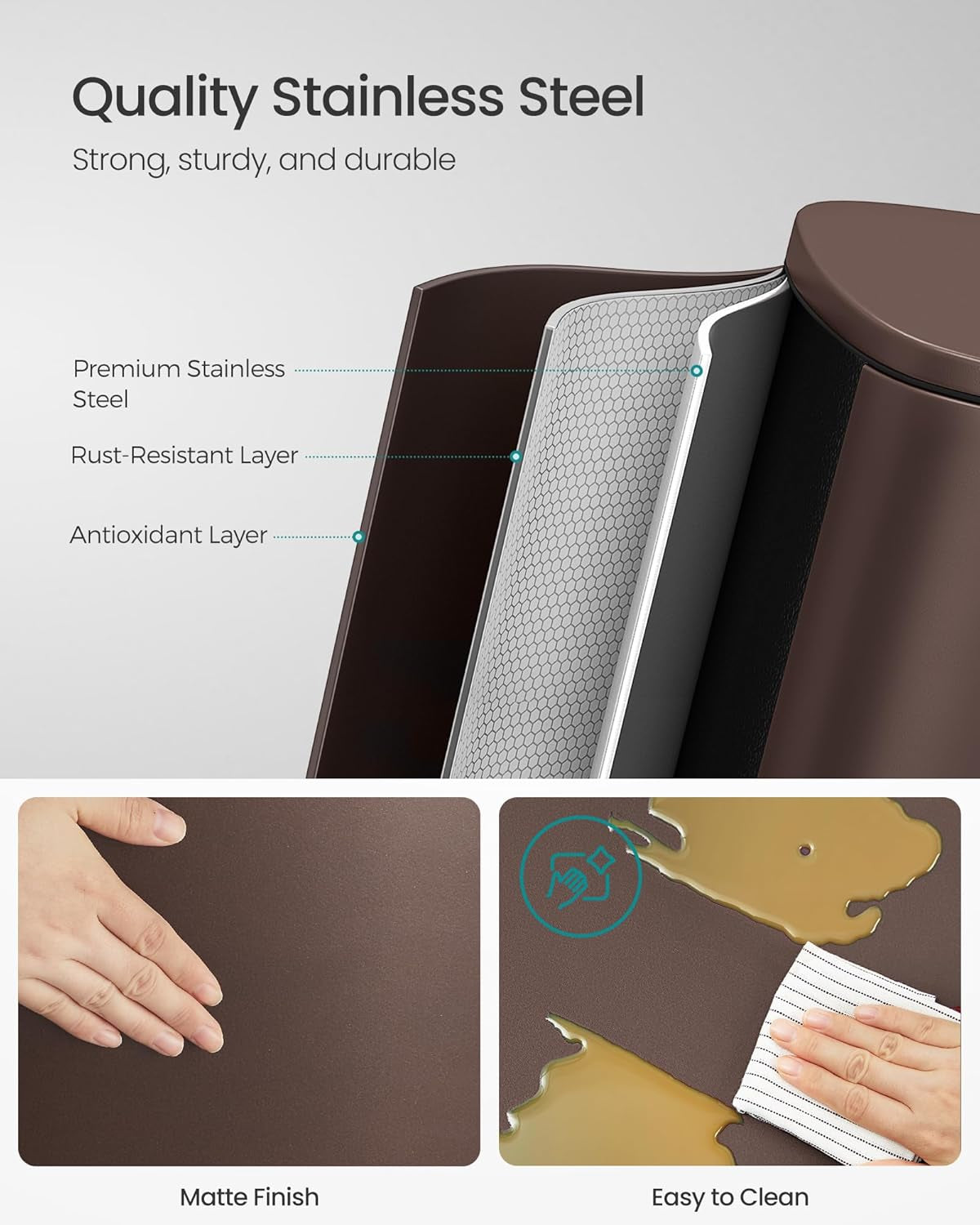 13 Gallon (50 L) Trash Can, Stainless Steel Kitchen Garbage Can, Recycling or Waste Bin, Soft Close, Step-On Pedal, Removable Inner Bucket, Brown ULTB50BR
