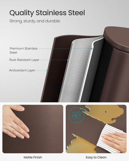 13 Gallon (50 L) Trash Can, Stainless Steel Kitchen Garbage Can, Recycling or Waste Bin, Soft Close, Step-On Pedal, Removable Inner Bucket, Brown ULTB50BR