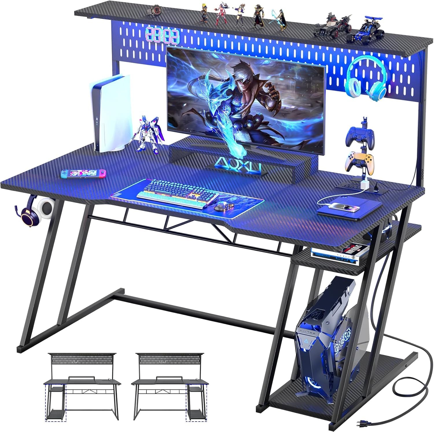 Gaming Computer Desk with Hutch and LED Lights, 53'' Black Gaming Desk with Storage Shelves, Reversible PC Gamer Desks with Pegboard, Ergonomic Desk for Bedroom, Carbon Fiber Surface