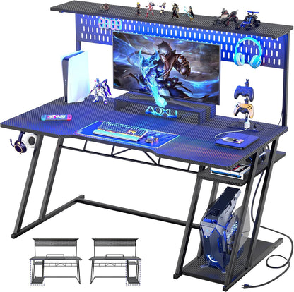 Gaming Computer Desk with Hutch and LED Lights, 53'' Black Gaming Desk with Storage Shelves, Reversible PC Gamer Desks with Pegboard, Ergonomic Desk for Bedroom, Carbon Fiber Surface