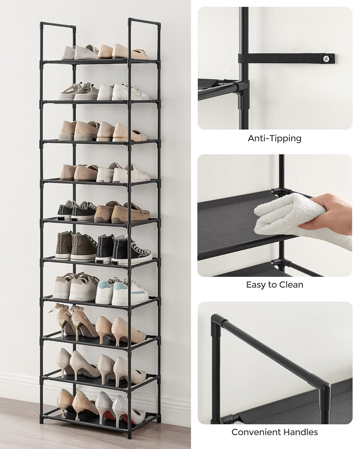 Shoe Rack, 10 Tier Shoe Shelf, Shoe Storage Organizer, Space-Saving, 11 X 17.7 X 68.1 Inches, Metal Frame, Non-Woven Fabric Shelves, for Entryway, Bedroom, Black ULSH010B02