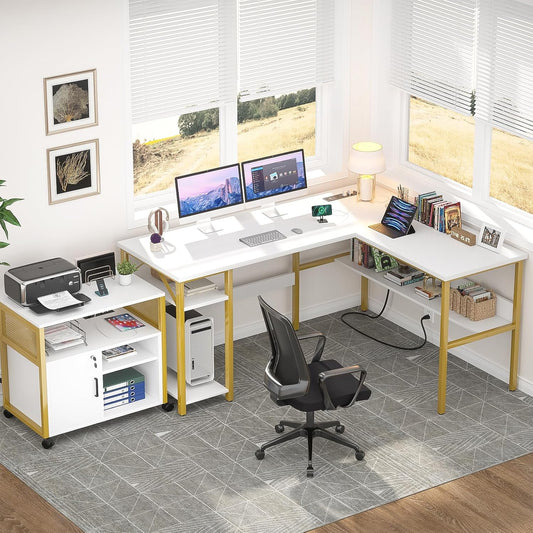 Reversible L Shaped Desk with Magic Power Outlets and USB Charging Ports, Sturdy Corner Computer Desk with Storage Shelves, Gaming Table Home Office Desk, Easy to Assemble, White and Gold
