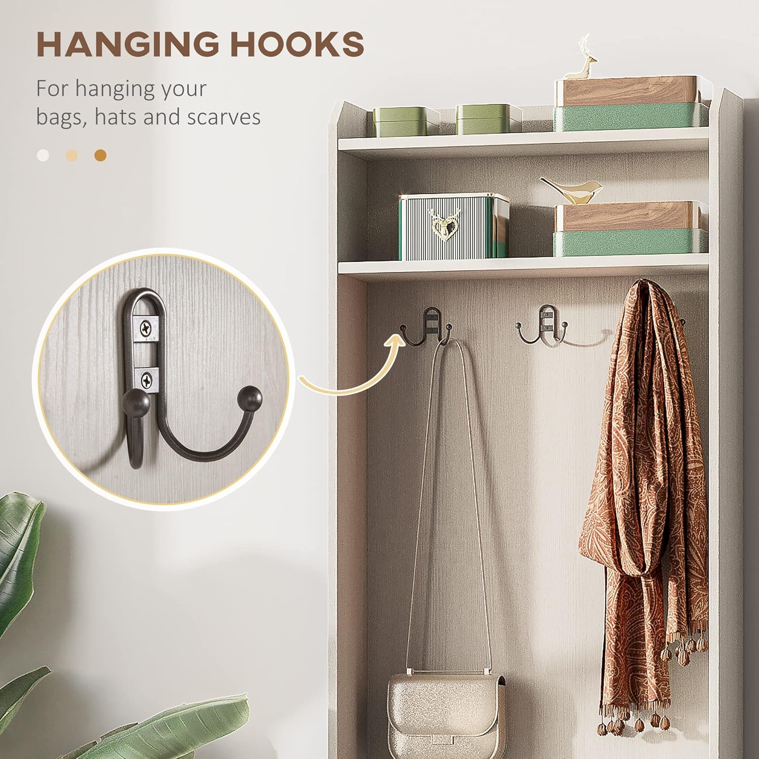 Narrow Hall Tree with Shoe Storage Bench, Rustic Entryway Bench with Coat Rack, Accent Coat Tree with Storage Shelves for Hallway, Mudroom, White Wood Grain
