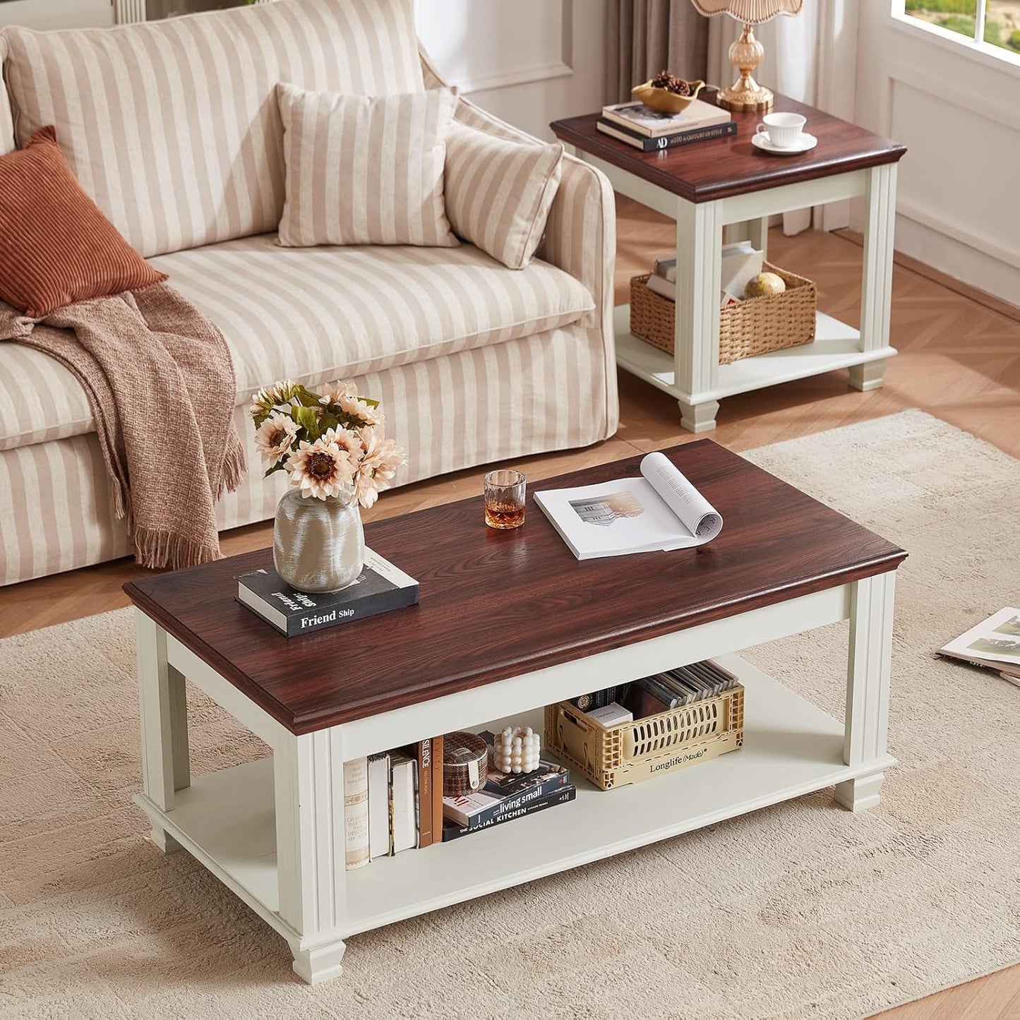 Farmhouse Coffee Table Set of 3, Rustic Wood 3 Piece Coffee and End Table Sets with Open Shelf for Living Room, White