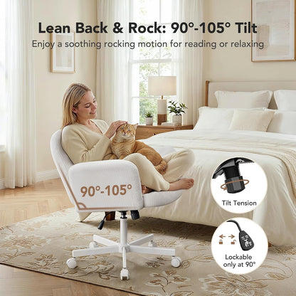 Criss Cross Office Chair for Women, Cross Legged Desk Chair with Adjustable Armrests, Soft Corduroy Fabric for Small Spaces, Petite Home Office Computer Chair for Girls, White