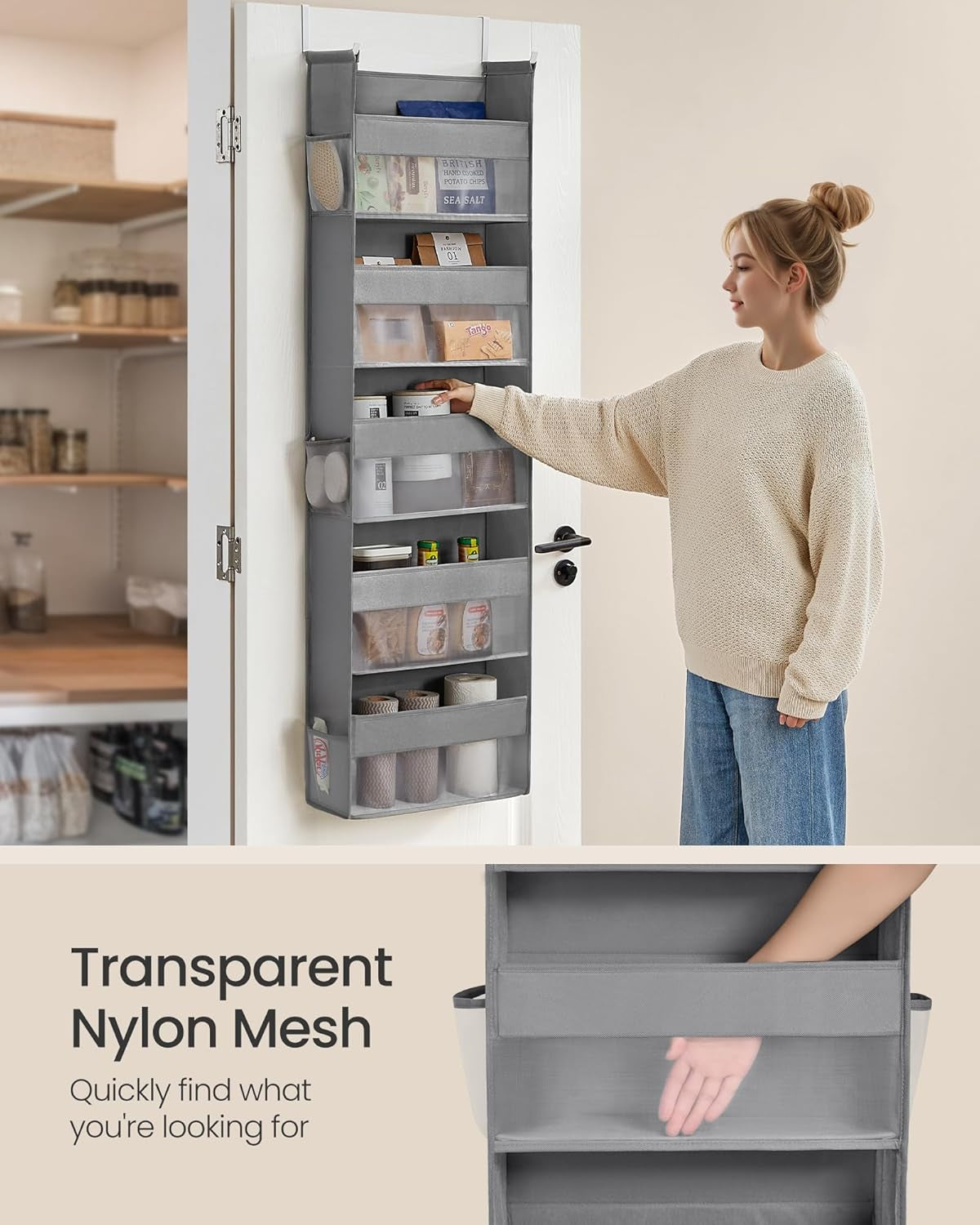 over the Door Organizer, Hanging Door Organizer with 5 Large Pockets, 5-Tier Fabric Storage, Transparent Nylon Mesh, Foldable, Metal Hooks, with Side Pouches, Dove Gray URDH007G01