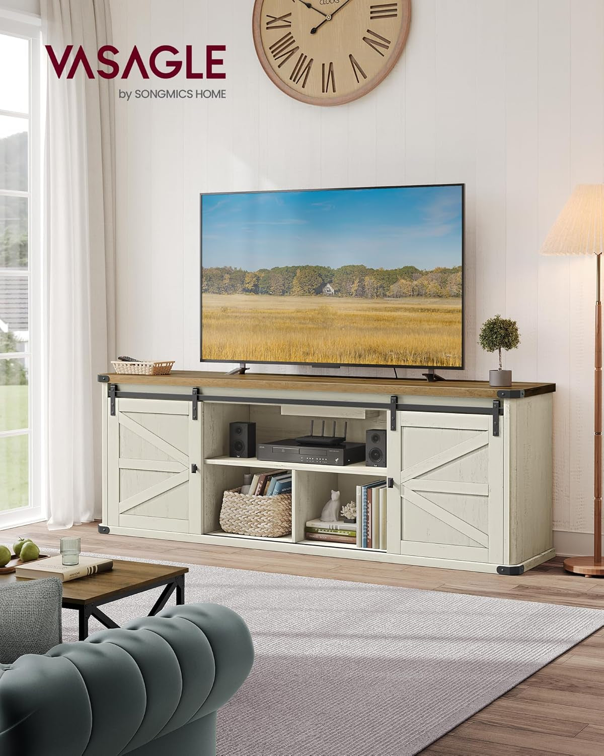 TV Stand for Tvs up to 75 Inches, Farmhouse Entertainment Center with Sliding Barn Doors, TV Console Table for Living Room, Rustic White and Honey Brown ULTV325W73