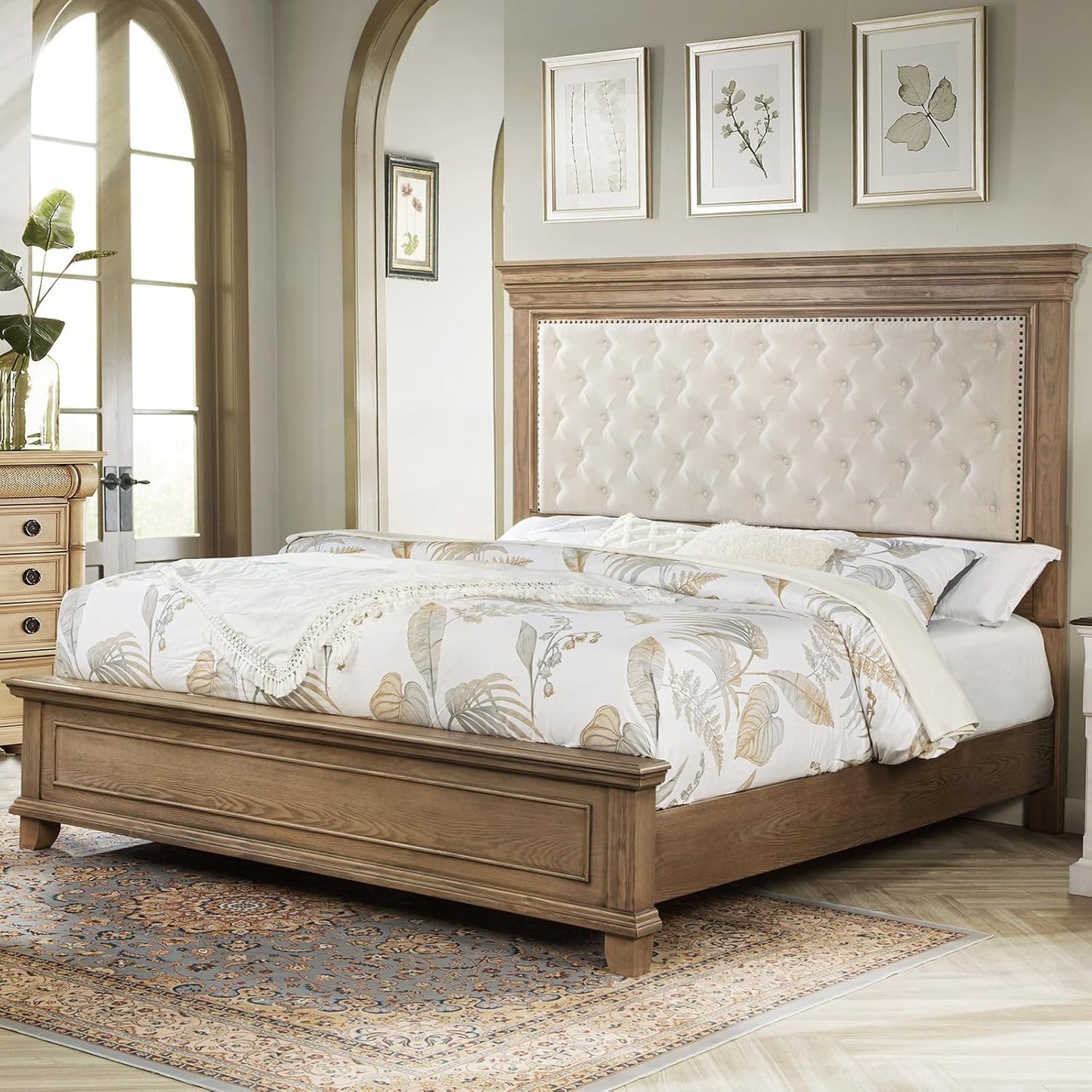 68.1" H King Size Bed Frame with Upholstered Headboard, Solid Wood Farmhouse Platform Bed, Architectural Design, No Box Spring Needed, Light Oak
