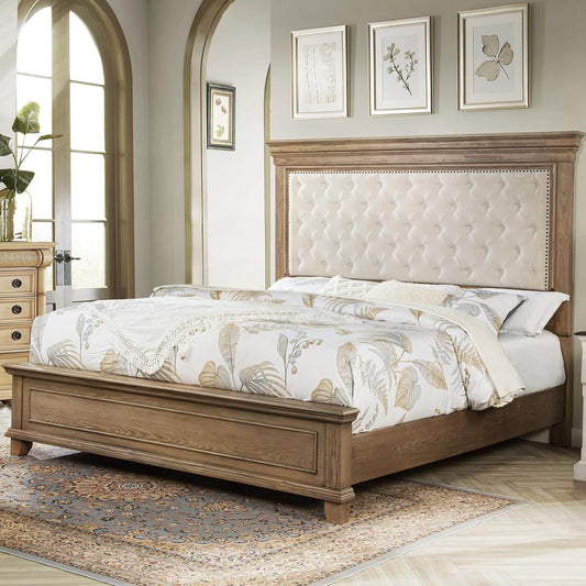 68.1" H King Size Bed Frame with Upholstered Headboard, Solid Wood Farmhouse Platform Bed, Architectural Design, No Box Spring Needed, Light Oak