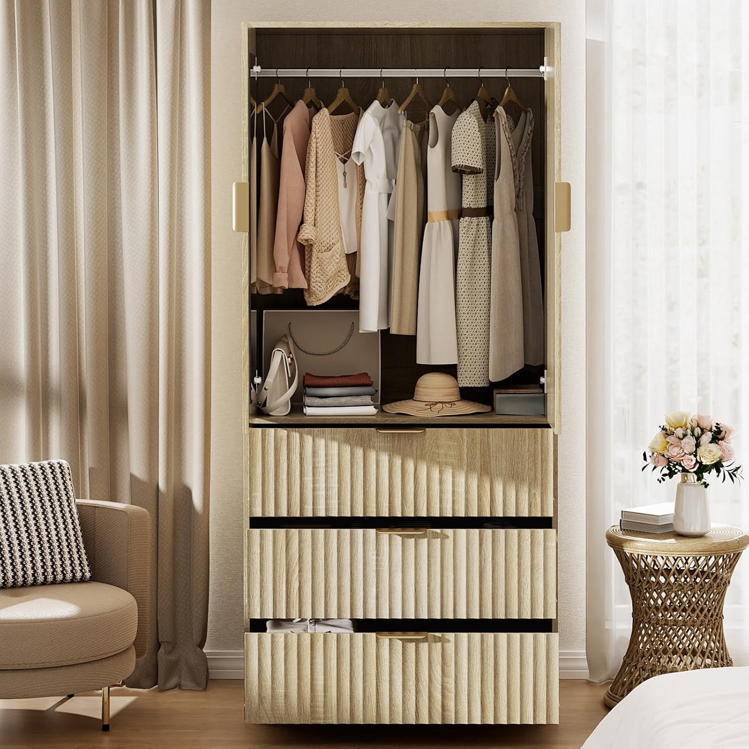 Armoire Wardrobe Closet with Doors and Mirror, 71" Clothing Storage Cabinet with Hanging Rod, 3 Dreawers Wardrobe Cabinet for Bedroom, Cloak Room (Oak)