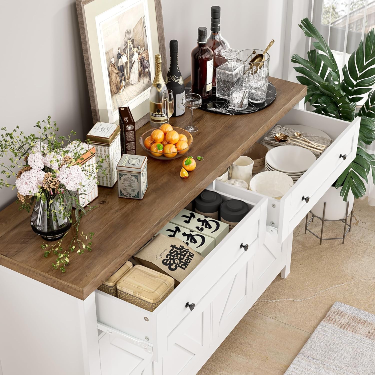 55" Buffet Sideboard Cabinet with Storage, Modern Farmhouse Coffee Bar with Drawers and Shelves, Barn Doors Storage Cabinet for Kitchen, Living Room, White