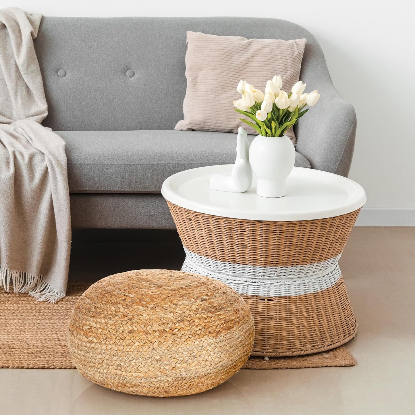 round Pouf Ottoman Footrest, Natural Jute Woven, Boho Pouf, Bohemian Style Casual Seating for Living Room, Bedroom, Patio Decor 19"X 19"X 10.5"