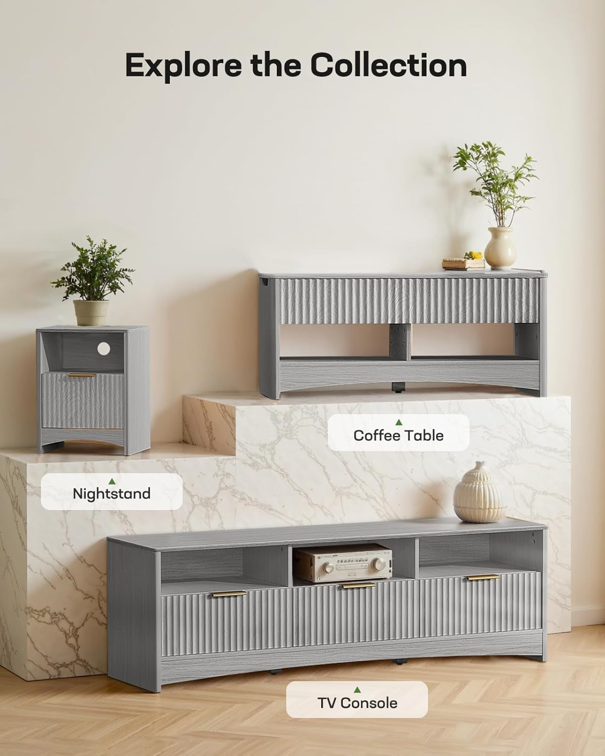 59″ Wide TV Stand for Tvs up to 65″, Modern Entertainment Center with Fluted Panels, 3 Easy-Sliding Drawers, Open Shelves & Cable Hole, Sturdy 3-Tier TV Stands for Living Room & Bedroom, Grey