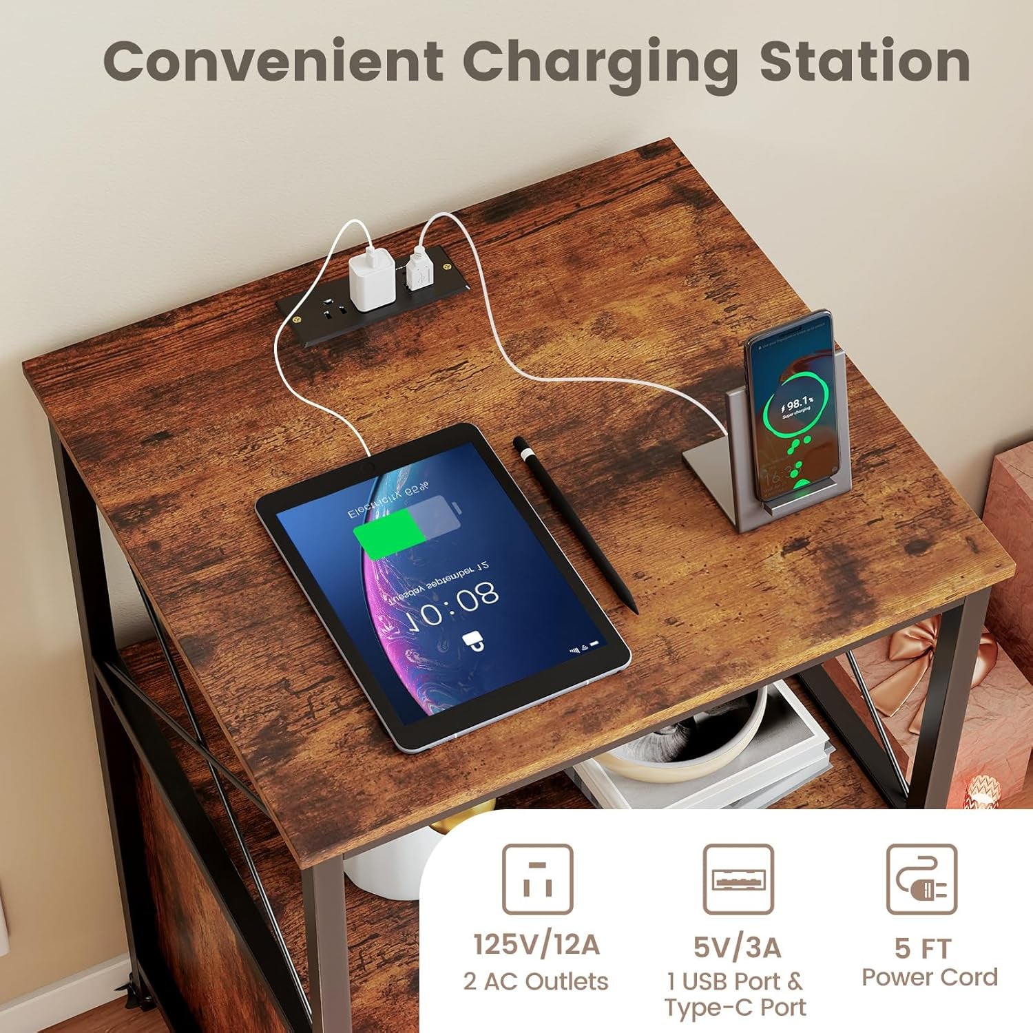 Record Player Stand with Charging Station, Rolling 3-Tier Turntable Stand with Open Shelf & Dividers, Record Player Table with Metal Frame, Vinyl Record Storage on Wheels for Living Room