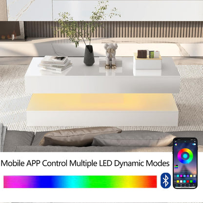 47.3In Large High Glossy LED Coffee Table with 2 Storage Drawers,Black/White Modern Coffee Tables for Living Room,Living Room Tables,App LED Lights (White)