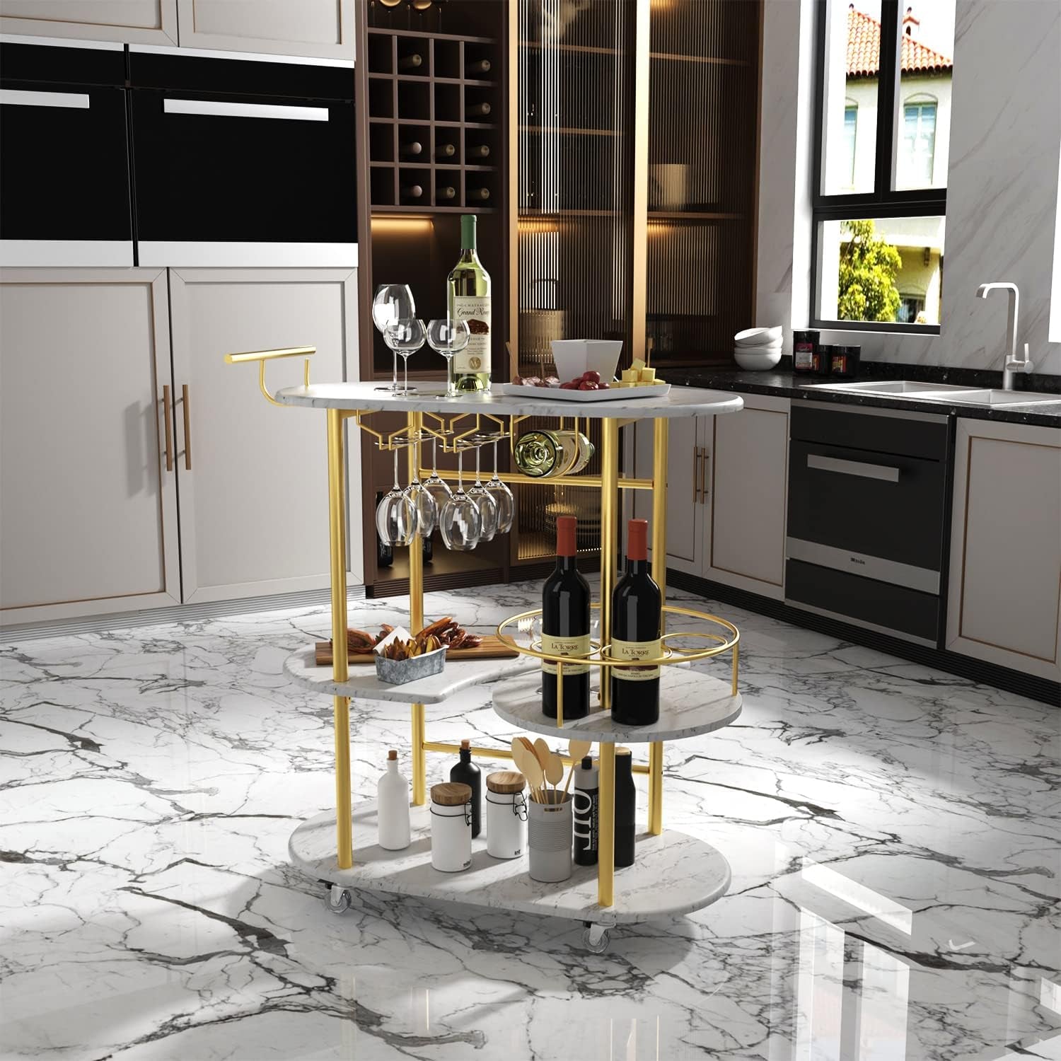 Gold Bar Carts with 4-Tier Storage Shelves, Mobile Bar Serving Cart with Wine Rack and Glass Holder, for the Home, Kitchen, Living Room, Dining Room