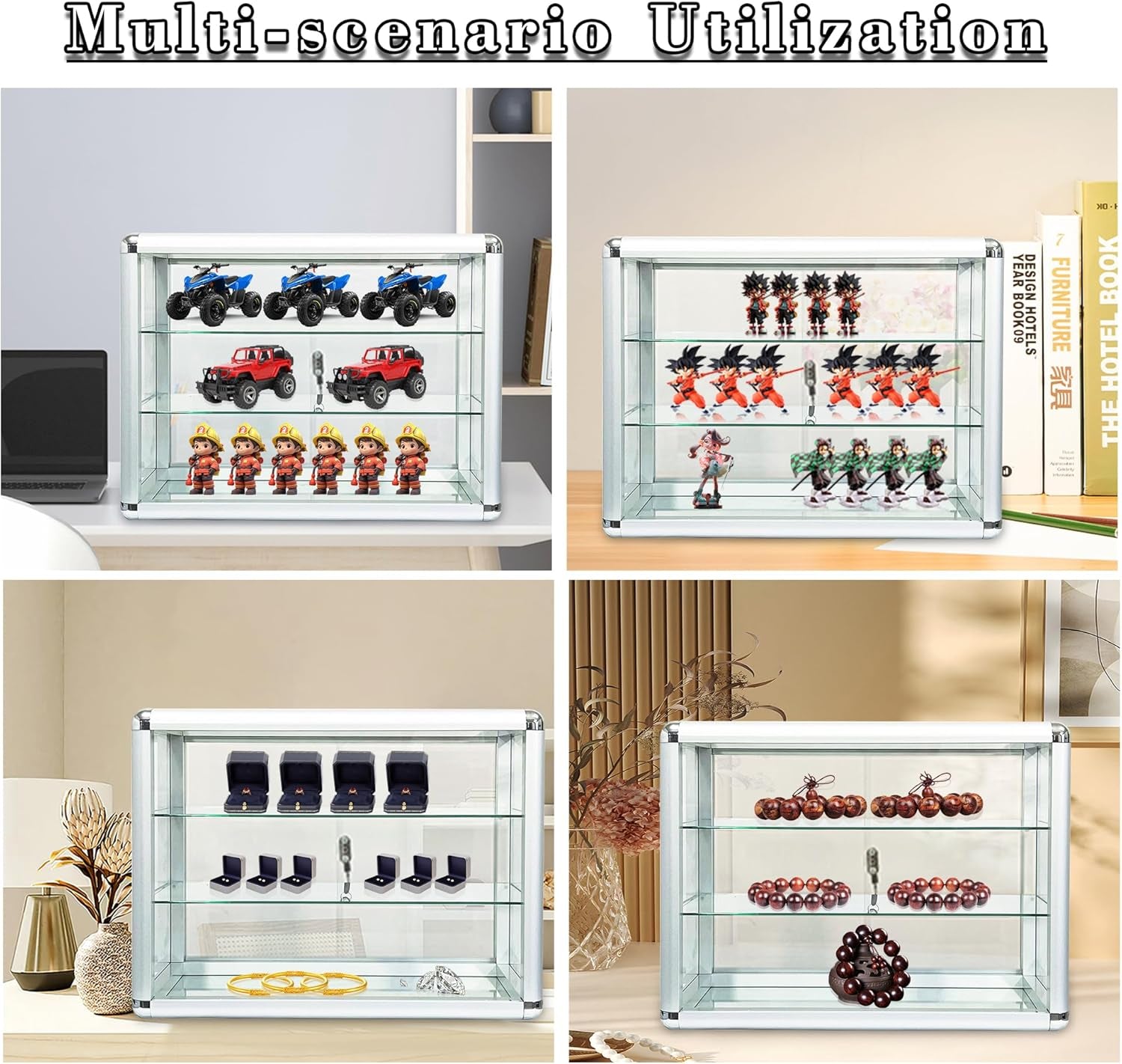 Aluminum Display Showcase with Removable Glass Shelves, Tempered Counter Top Glass Case with Lock and Key (Silver, 24" L X 12" D X 18" H)
