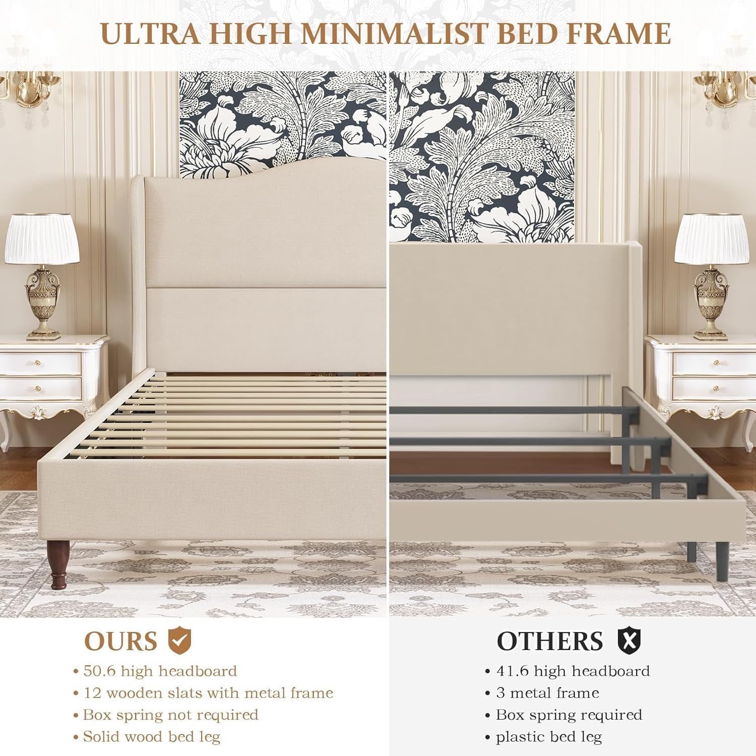 Queen Size Bed Frame Upholstered Platform Bed with 51" Tall Headboard Wingback, Soft Fabric, Retro Simple Style Platform Bed No Box Spring Needed, Easy Assembly, Beige