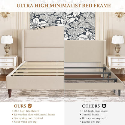 Queen Size Bed Frame Upholstered Platform Bed with 51" Tall Headboard Wingback, Soft Fabric, Retro Simple Style Platform Bed No Box Spring Needed, Easy Assembly, Beige