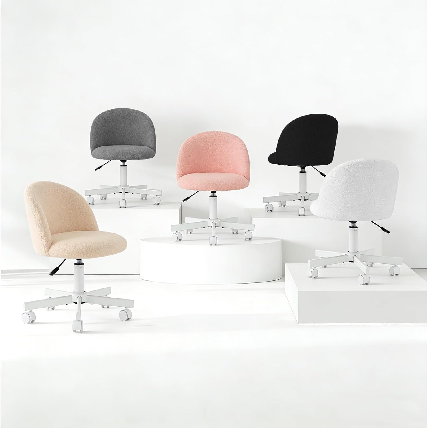Pink Vanity Chair with Wheels - Swivel Makeup Chair Small Computer Chair with Back Adjustable Height Desk Chair for Girl & Woman, Cozy Fuzzy Velvet Chair for Bedroom & Home Office