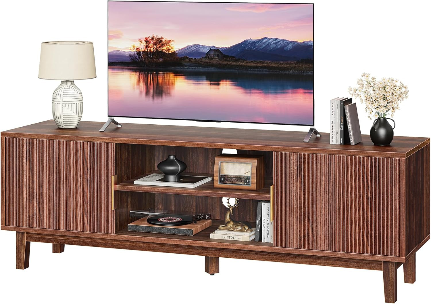 54 Inch TV Stand for 50, 55 Inch TV, Fluted Entertainment Center with 2 Cabinets, TV Consoles for Living Room, 3-Level Adjustable Shelf, 4 Cable Holes, Meida Console, Walnut