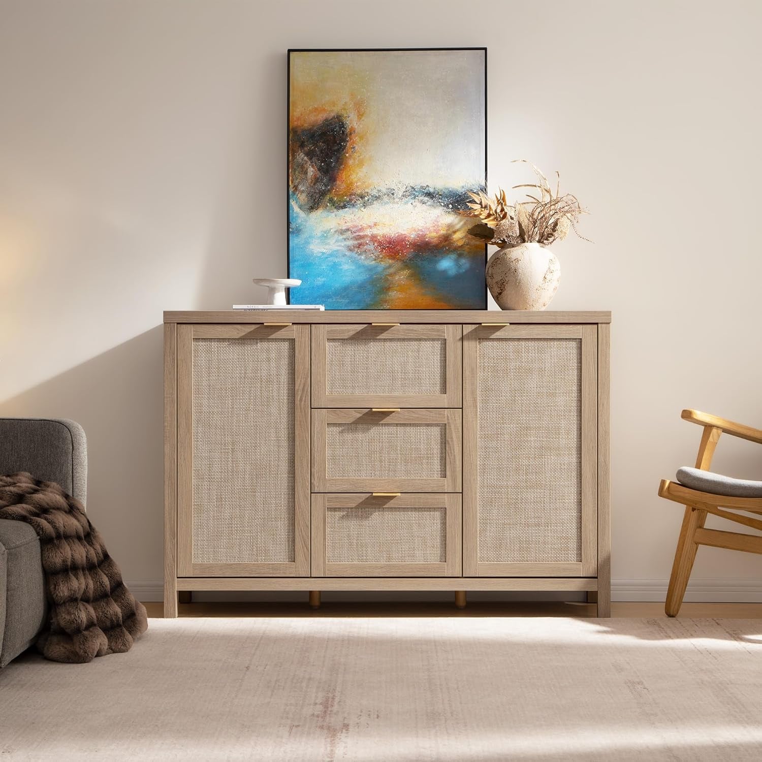 52" Larger Sideboard Buffet Coffee Bar Cabinet with Storage - Farmhouse Rattan Credenza Storage Cabinet with 3 Drawers and 2 Doors, Boho Console Table for Living Room, Kitchen, Light Oak