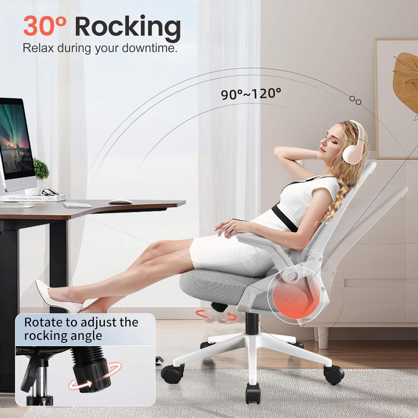 Ergonomic Office Chair with Flip-Up Armrests Executive Computer Chair for Home Office, Breathable Mesh & Adaptive Lumbar Support, Wide Seat Gray