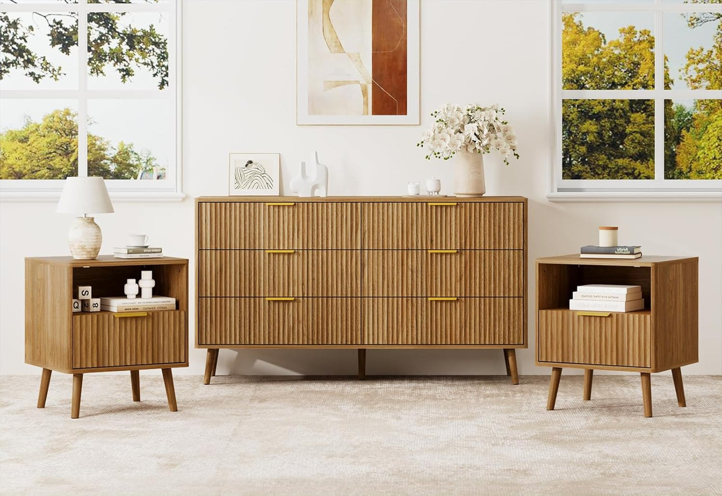 Fluted Dresser and Nightstand Set, 3 Pieces Bedroom Set, 55 Inch Wide 6-Drawer Dresser & 1-Drawer Nightstands Set of 2, Modern Dressers Set for Bedroom, Hallway, Natural Oak