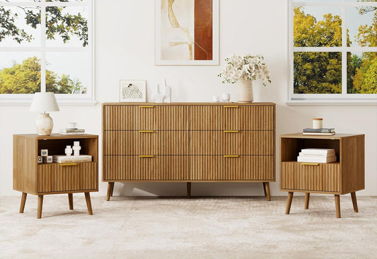Fluted Dresser and Nightstand Set, 3 Pieces Bedroom Set, 55 Inch Wide 6-Drawer Dresser & 1-Drawer Nightstands Set of 2, Modern Dressers Set for Bedroom, Hallway, Natural Oak