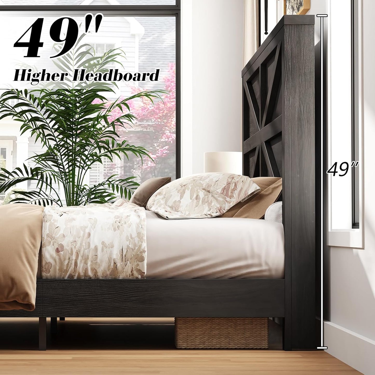 Farmhouse Full Size Bed Frame with Sliding Barn Door Storage, 49" Tall Headboard Wood Bed Frame, Rustic Platform Bed Frame Wooden Slats & Metal Support, No Box Spring Needed, Deep Brown