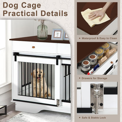 Dog Crate Furniture for 2 Dogs, Dog Kennel with 2 Storage Drawers & Divider, Large Double Dog Cage as TV Stand, Furniture Style Dog Crates with Sliding Barn Door (Blue & White)