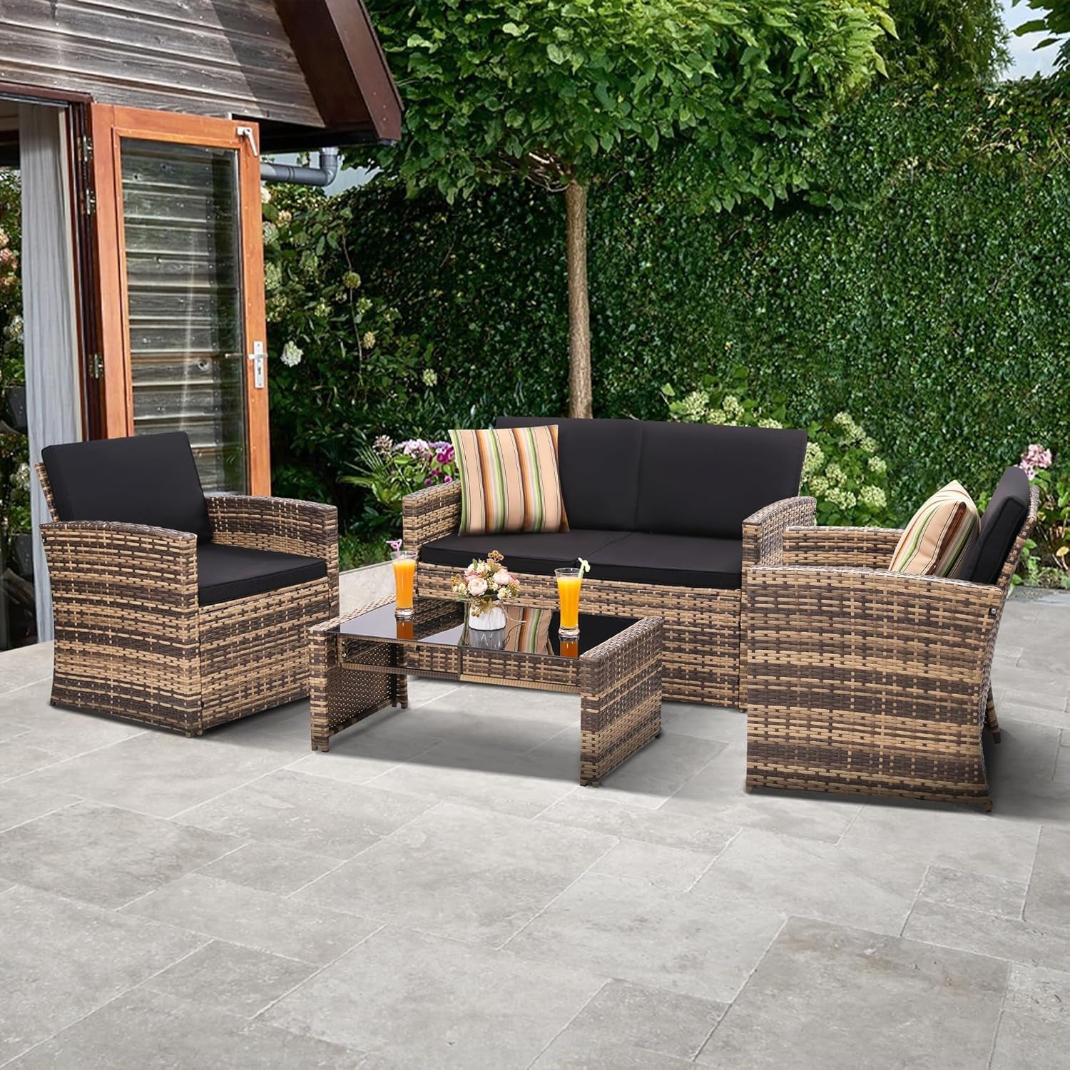4-Piece Patio Furniture Set, Wicker Outdoor Rattan Sectional Sofa with Cushions and Glass Table, All-Weather Outdoor Conversation Set for Garden, Porch, Backyard, Patio, Black