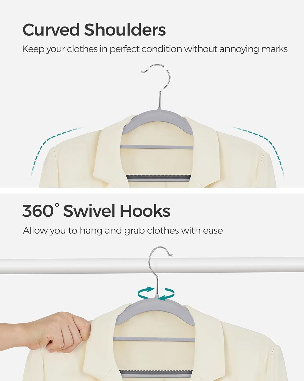 Pack of 30 Coat Hangers, Space-Saving Plastic Clothes Hangers, Non-Slip, 0.2 Inches Slim, 16.5 Inches Wide, 360° Swivel Silver Hook, Light and Dark Gray UCRP20G30