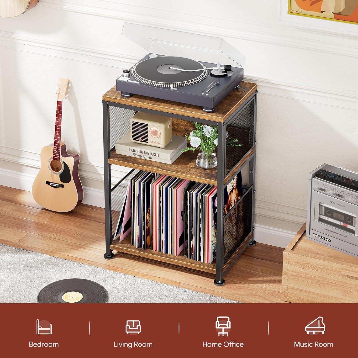 Record Player Stand, 3 Tiers Side Table, Turntable Stand with Vinyl Record Storage, Hold up to 100 Albums, Rustic Brown